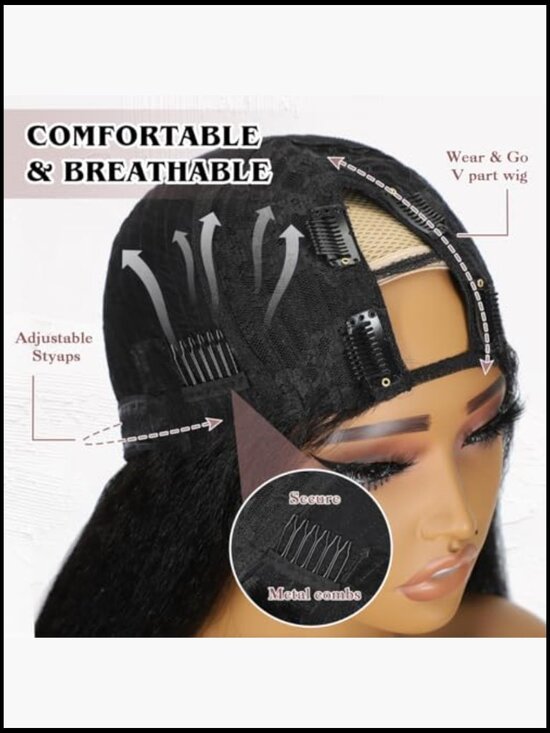 22Inch Kinky Straight V Part Wig Human Hair Drawstring Glueless 220% Density main image 6
